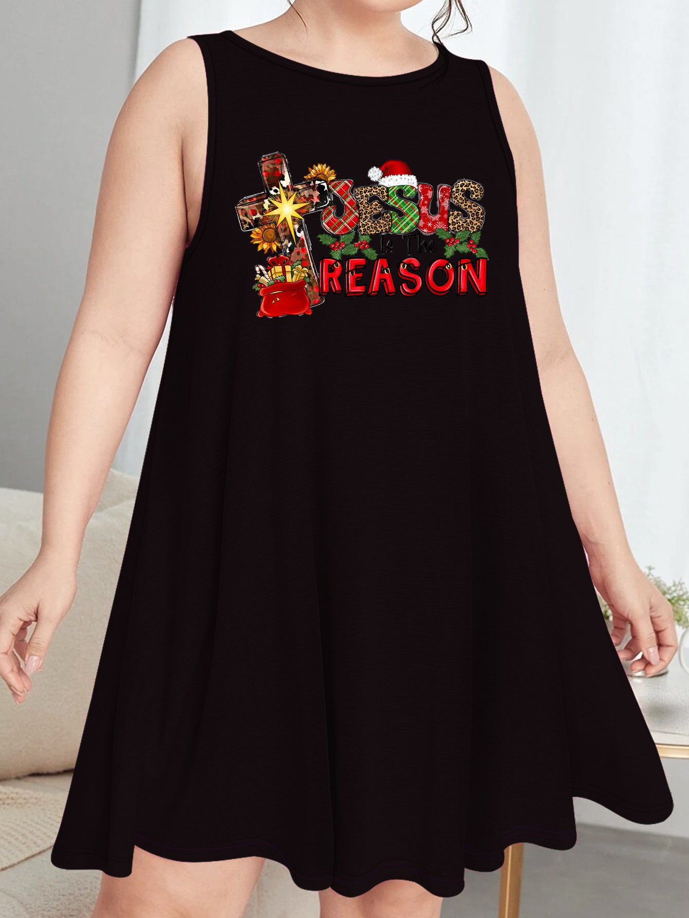 Christmas Nightdress Women's Plus Christmas Hat Print Round Neck Sleep