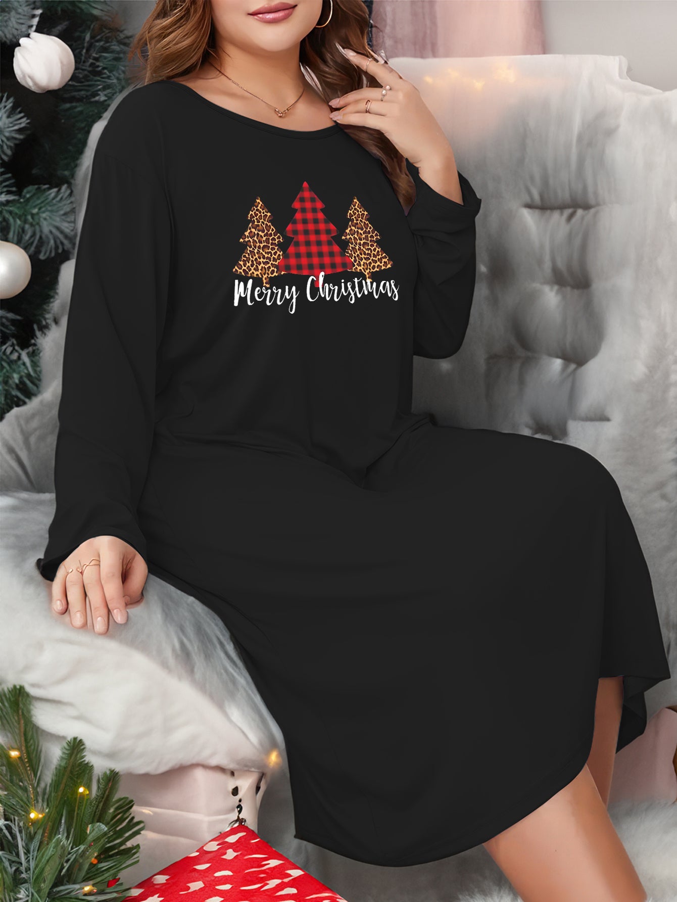 Plus Size Christmas Casual Lounge Dress Women's Plus Long Sleeve Nightdress