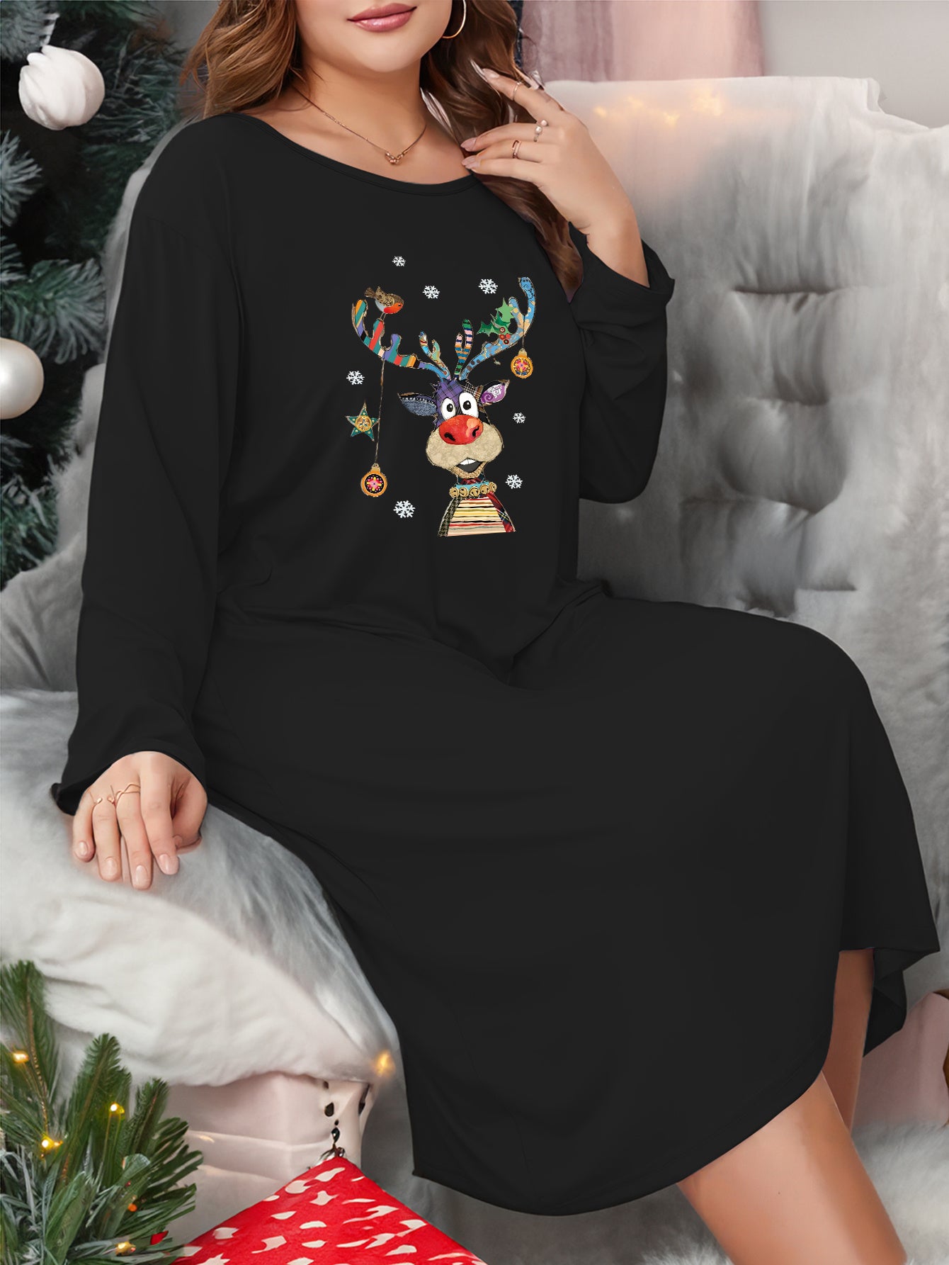 Christmas Reindeer Lounge Dress Long Sleeve Nightdress