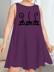 Casual Nightdress Women's Plus Cat Print Round Neck Tank Sleep Dress