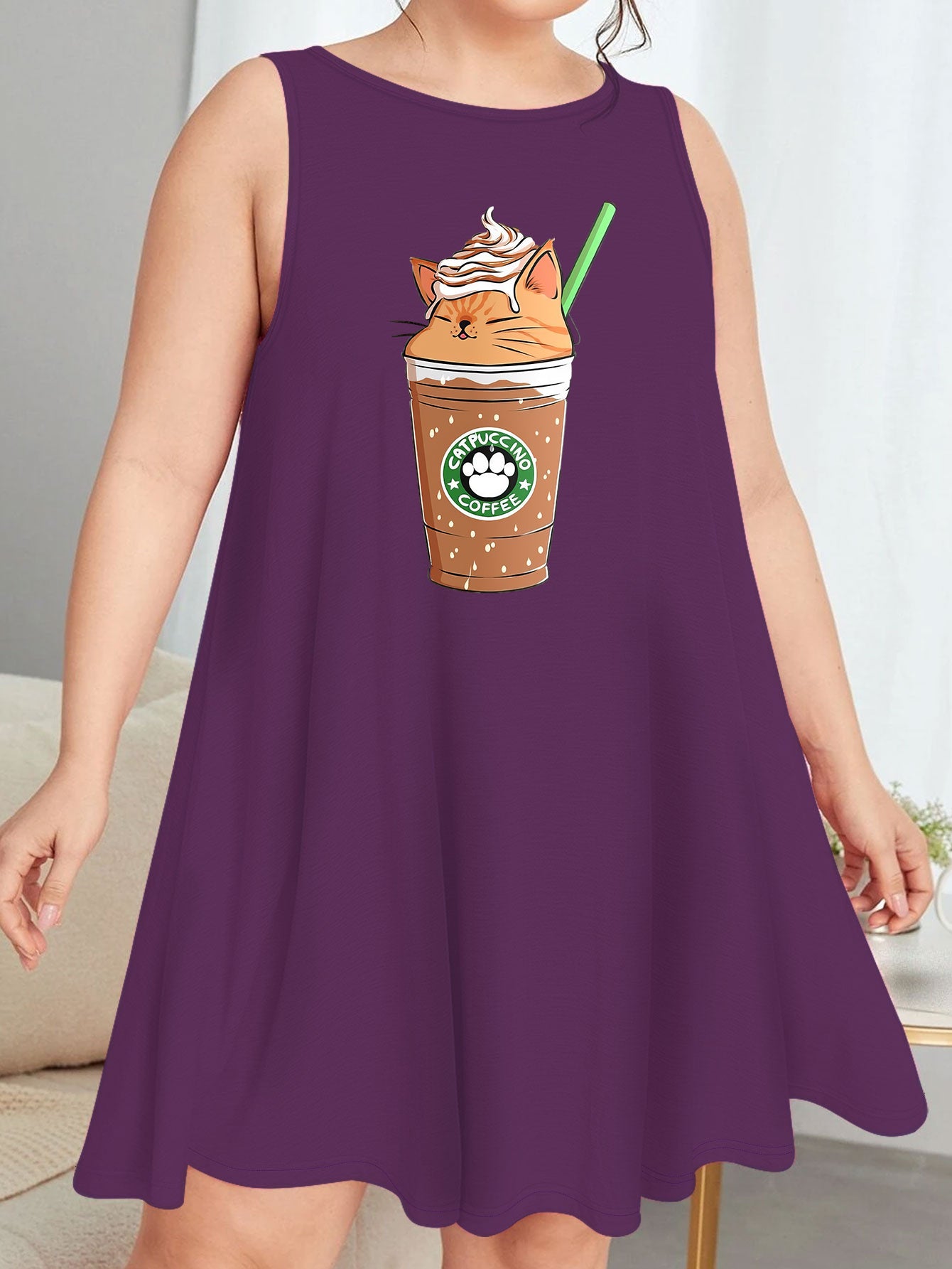 Coffee & Cat Print Tank Sleep Dress