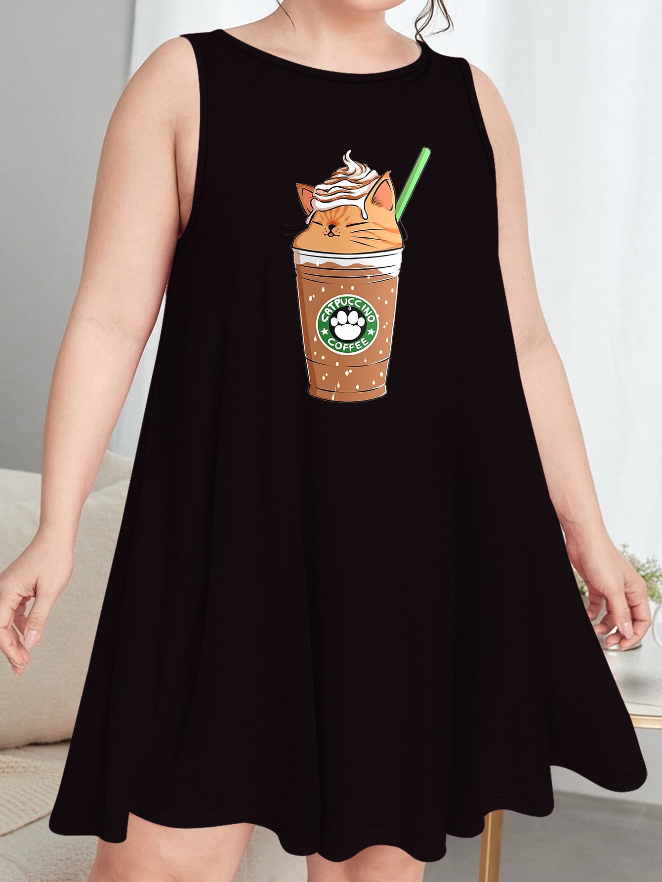 Coffee & Cat Print Tank Sleep Dress