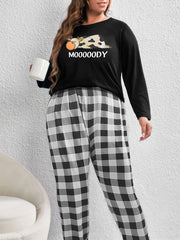 Cartoon Cow Print Tee & Plaid Pants Pajama Set
