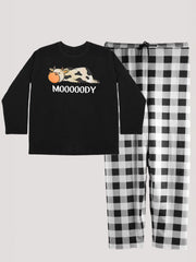 Cartoon Cow Print Tee & Plaid Pants Pajama Set