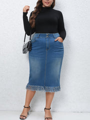 Women's Plus Button Fly High Rise Fringe Trim Midi Denim Skirt