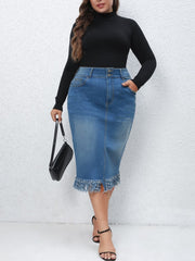 Women's Plus Button Fly High Rise Fringe Trim Midi Denim Skirt