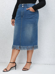 Women's Plus Button Fly High Rise Fringe Trim Midi Denim Skirt