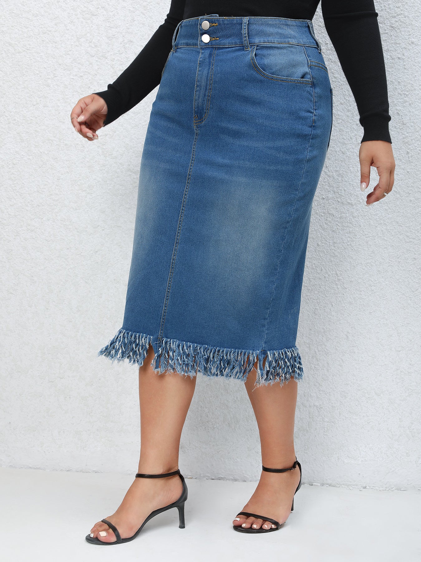 Women's Plus Button Fly High Rise Fringe Trim Midi Denim Skirt