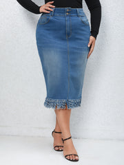 Women's Plus Button Fly High Rise Fringe Trim Midi Denim Skirt