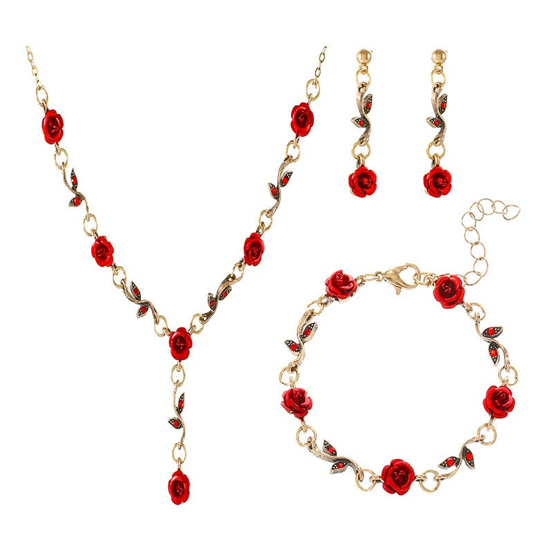 Vintage Rose Flower Bracelet Red Rose Necklace Bracelet