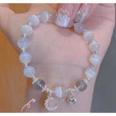 Grey Moonlight Cat Eye Stone Bracelet with Bell Pendant