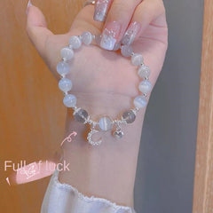 Grey Moonlight Cat Eye Stone Bracelet with Bell Pendant