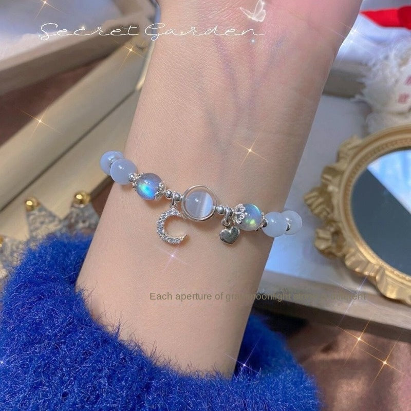 Grey Moonlight Cat Eye Stone Bracelet with Bell Pendant