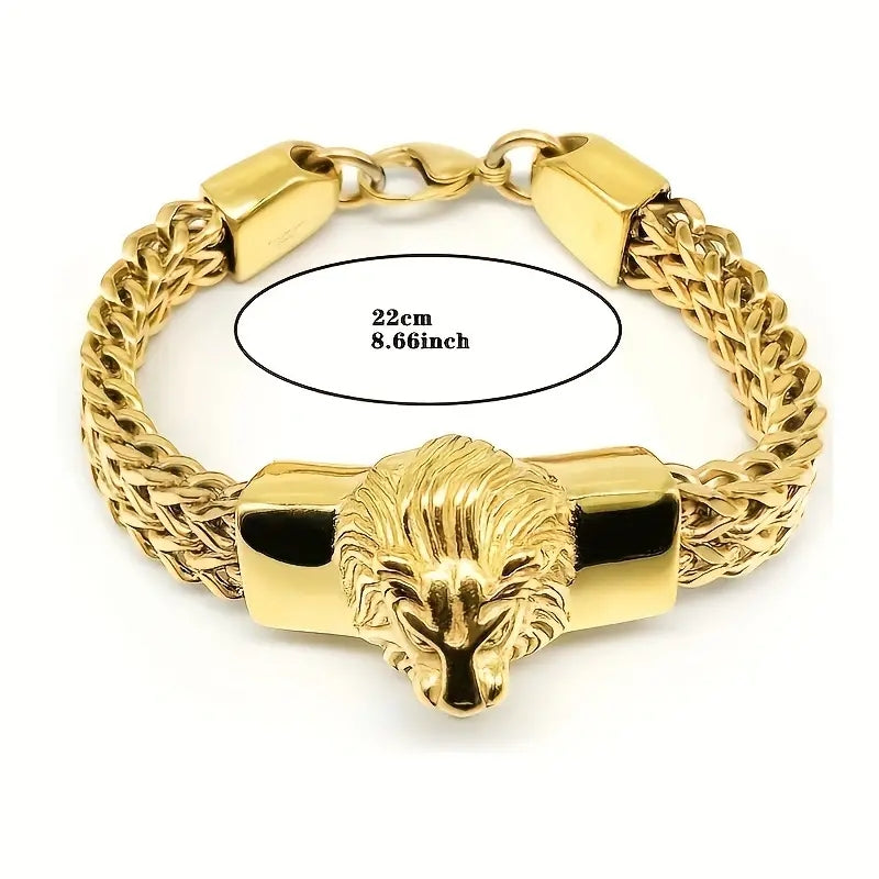 Lion Stainless Steel Bracelet Golden Plated Link Chain Punk Rock Biker Jewelry