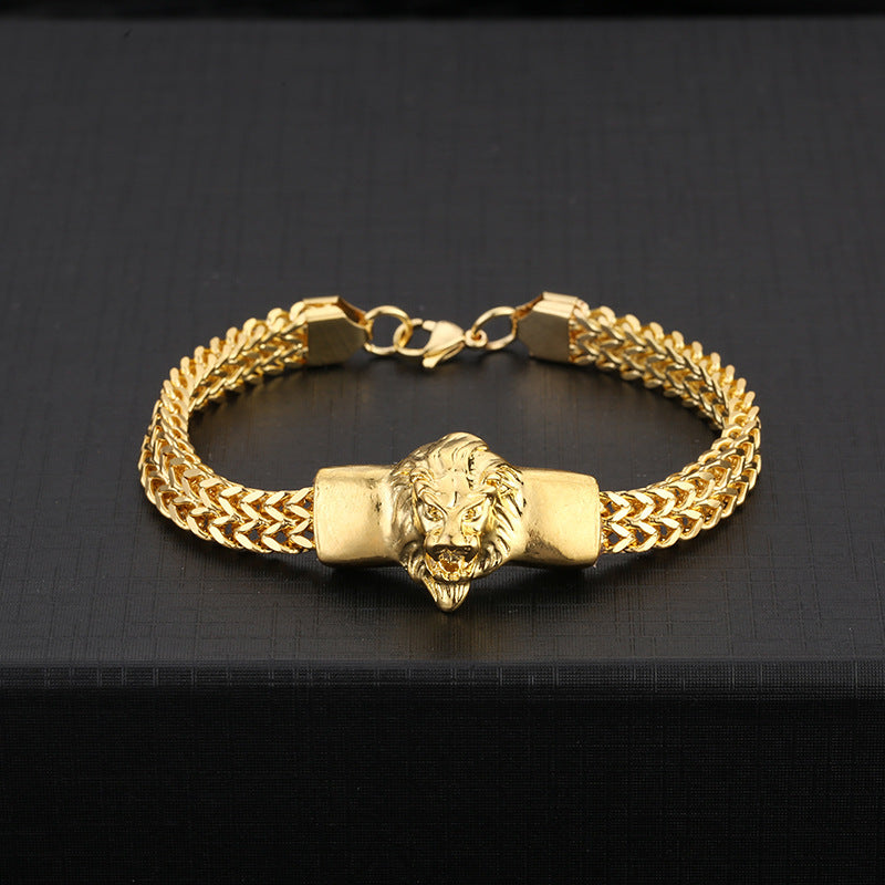 Lion Stainless Steel Bracelet Golden Plated Link Chain Punk Rock Biker Jewelry
