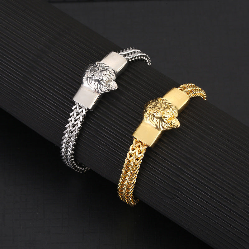 Lion Stainless Steel Bracelet Golden Plated Link Chain Punk Rock Biker Jewelry