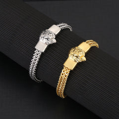 Lion Stainless Steel Bracelet Golden Plated Link Chain Punk Rock Biker Jewelry