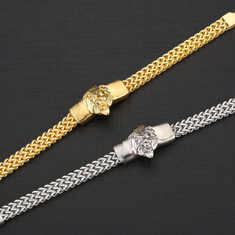 Lion Stainless Steel Bracelet Golden Plated Link Chain Punk Rock Biker Jewelry