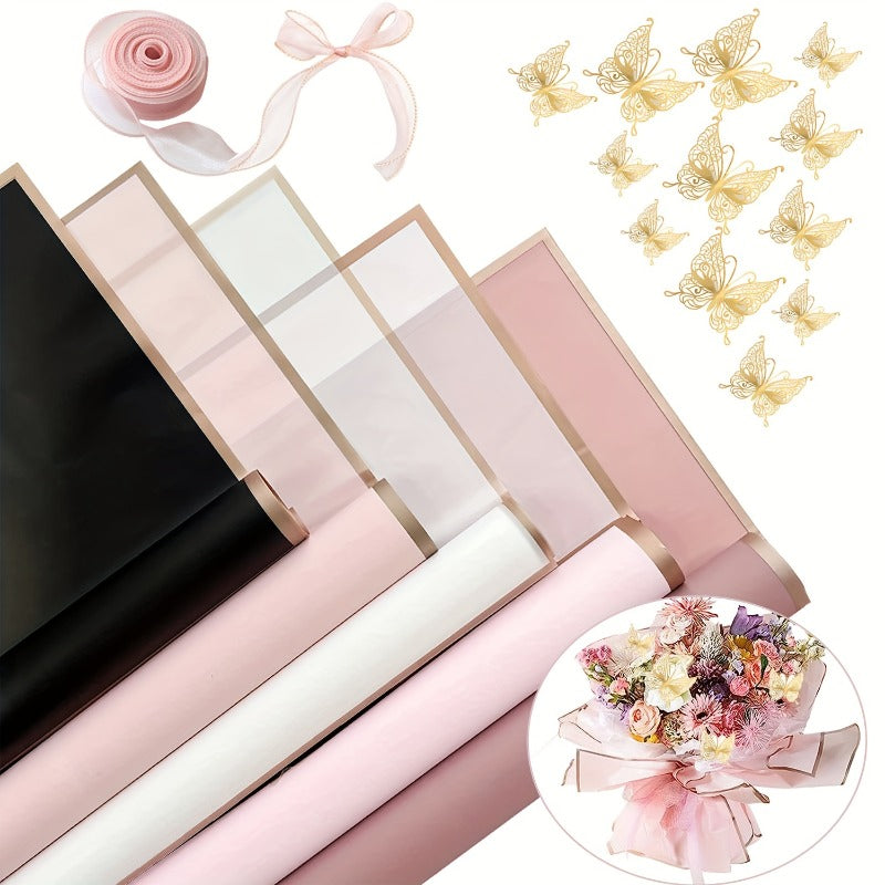 38pcs Flower Wrapping Paper Set with Butterflies and Ribbon