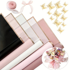38pcs Flower Wrapping Paper Set with Butterflies and Ribbon