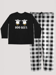 Cartoon Ghost Bee Print Tee & Plaid Pants Pajama Set