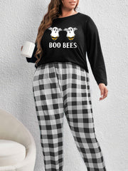 Cartoon Ghost Bee Print Tee & Plaid Pants Pajama Set