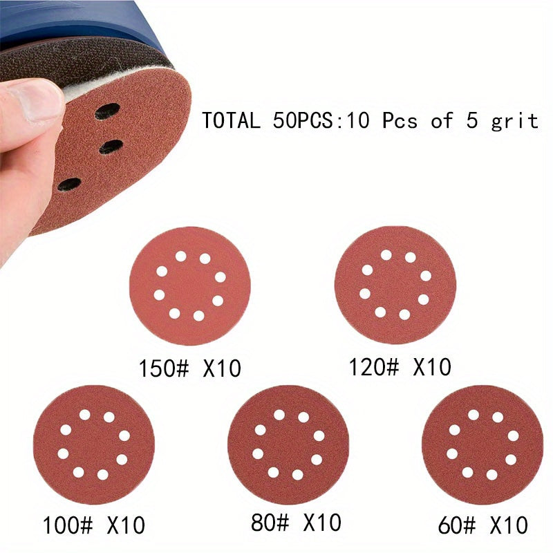 50pcs 5 Inch 8 Hole Hook & Loop Sanding Discs 8 Assorted Grits