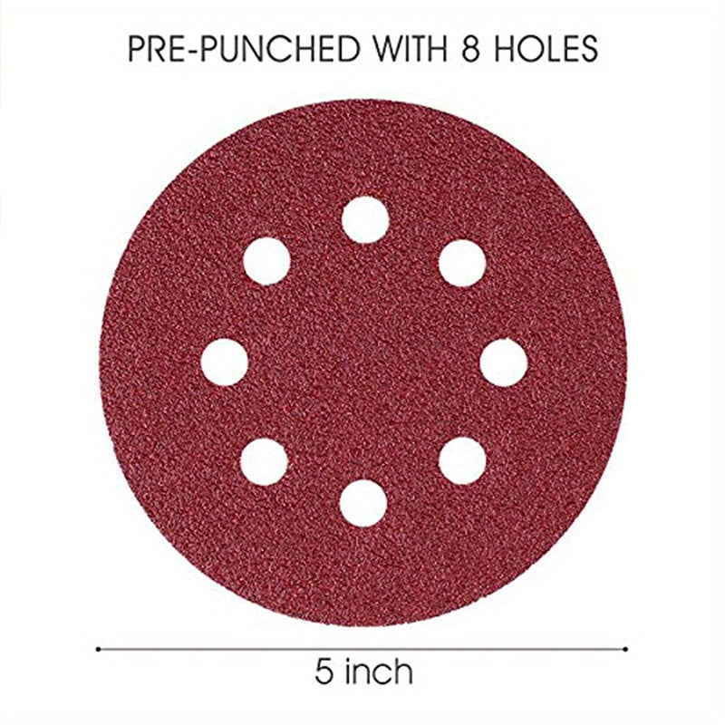 50pcs 5 Inch 8 Hole Hook & Loop Sanding Discs 8 Assorted Grits
