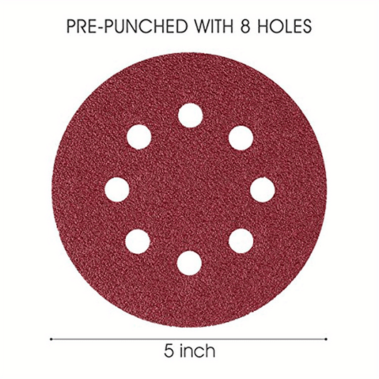 50pcs 5 Inch 8 Hole Hook & Loop Sanding Discs 8 Assorted Grits