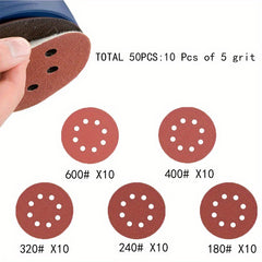 50pcs 5 Inch 8 Hole Hook & Loop Sanding Discs 8 Assorted Grits