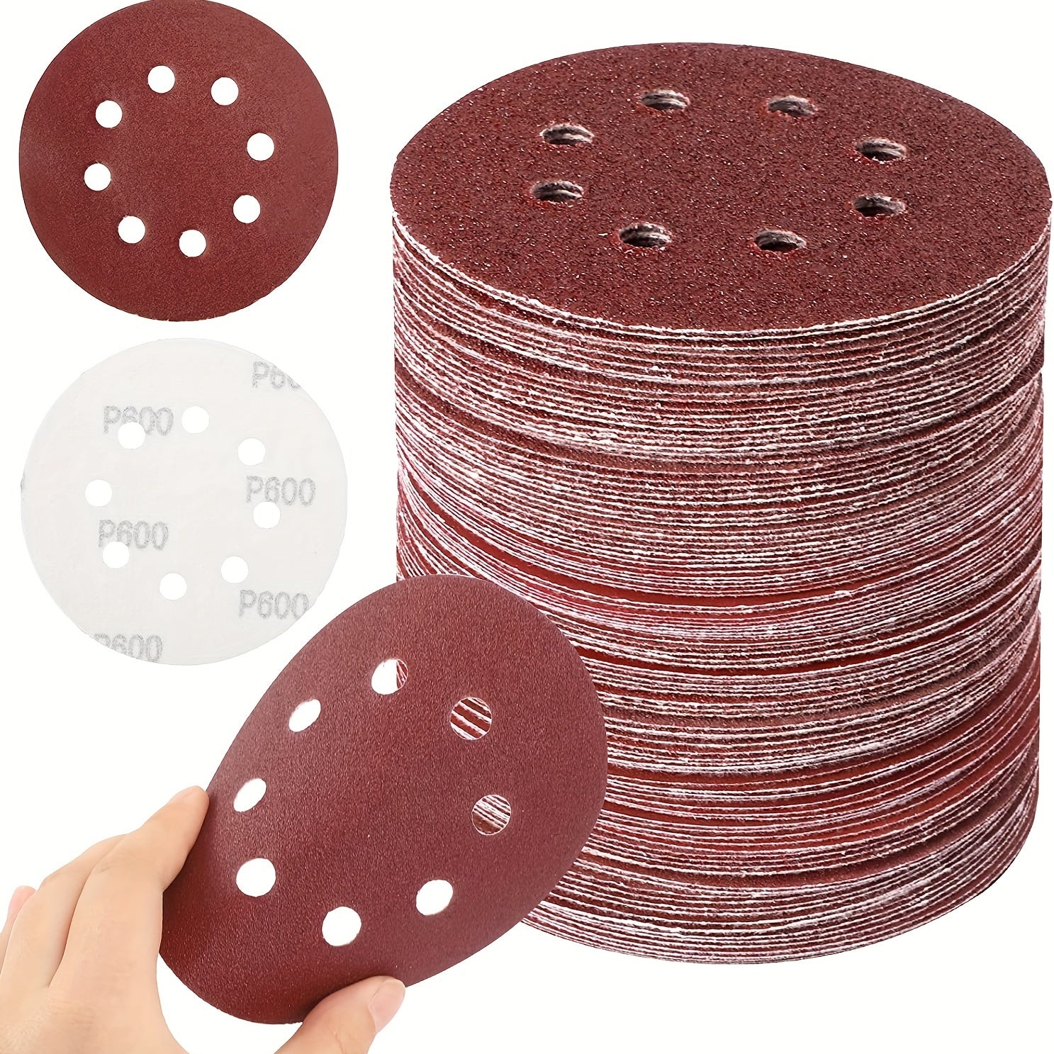 50pcs 5 Inch 8 Hole Hook & Loop Sanding Discs 8 Assorted Grits