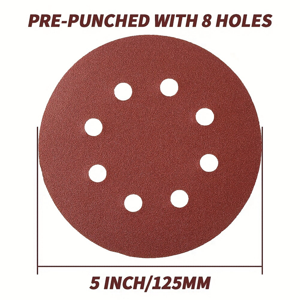 50pcs 5 Inch 8 Hole Hook & Loop Sanding Discs 8 Assorted Grits