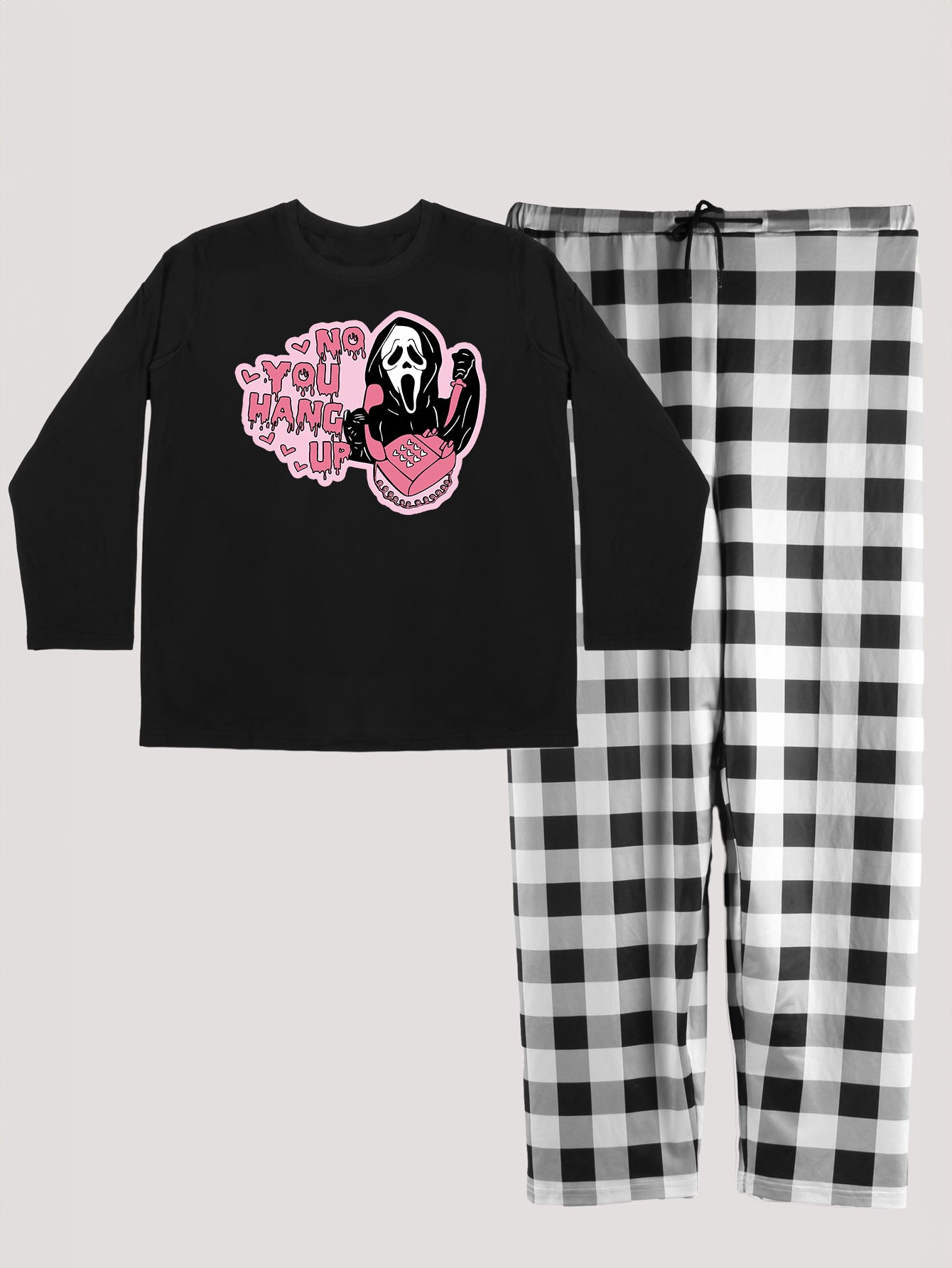 Halloween Loungewear Set Pink Letters & Ghost Skull Print Tee & Plaid