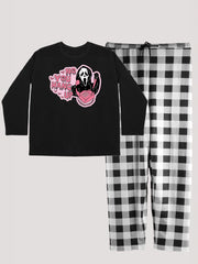 Halloween Loungewear Set Pink Letters & Ghost Skull Print Tee & Plaid