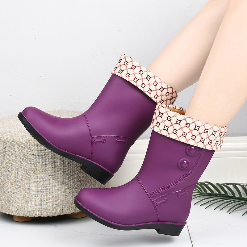 Waterproof Mid Calf Rain Boots Non Slip PVC Round Toe Thermal Shoes