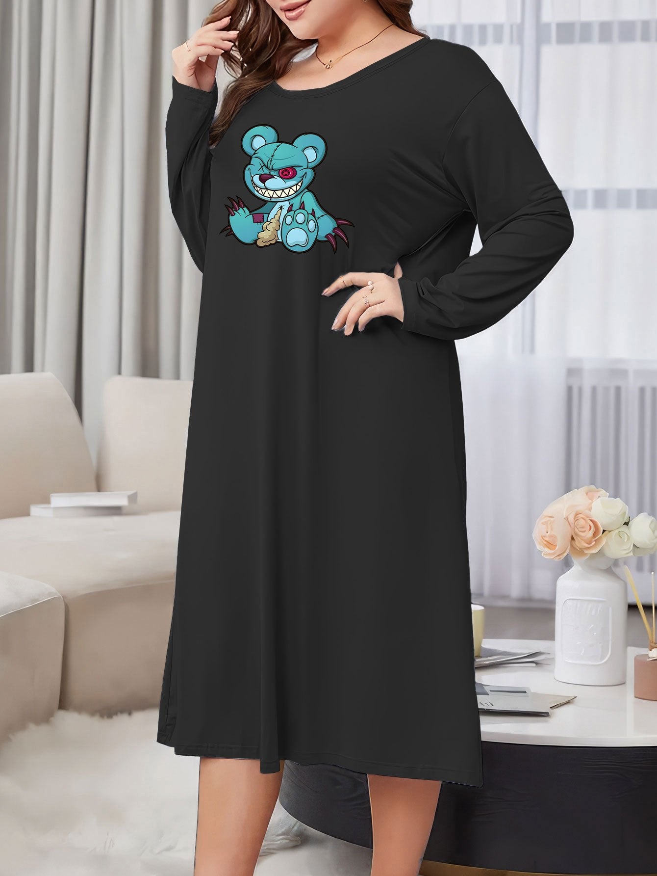 Bear Print Long Sleeve Sleep Dress