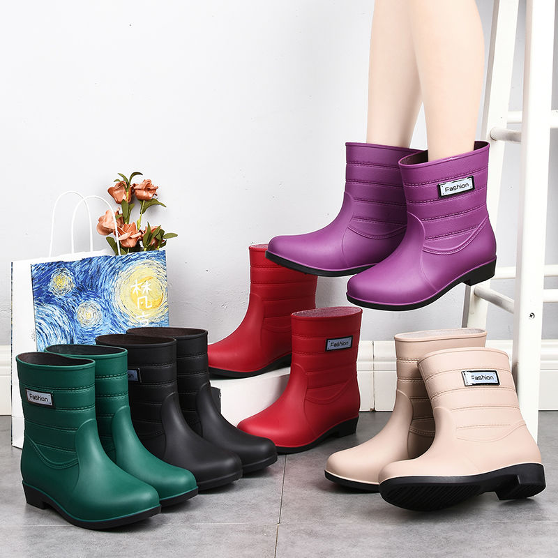 Mid Calf Waterproof Rain Boots PVC Flat Round Toe Thermal Rain Shoes