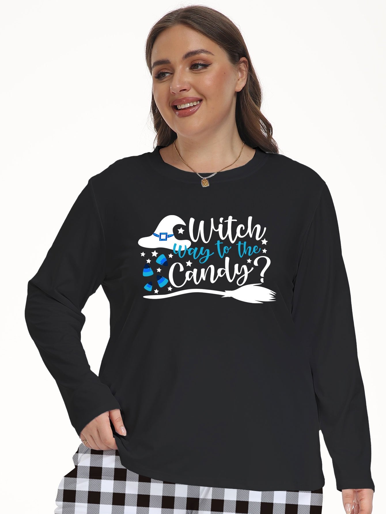 Halloween Lounge Top Women's Plus Witch Hat & Slogan Print Long Sleeve
