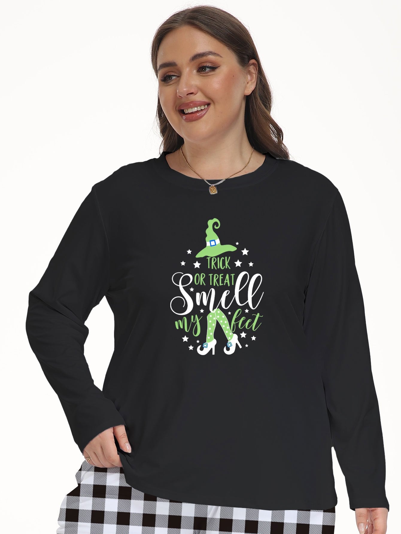 Halloween Lounge Top Witch Hat Print Long Sleeve Pajama