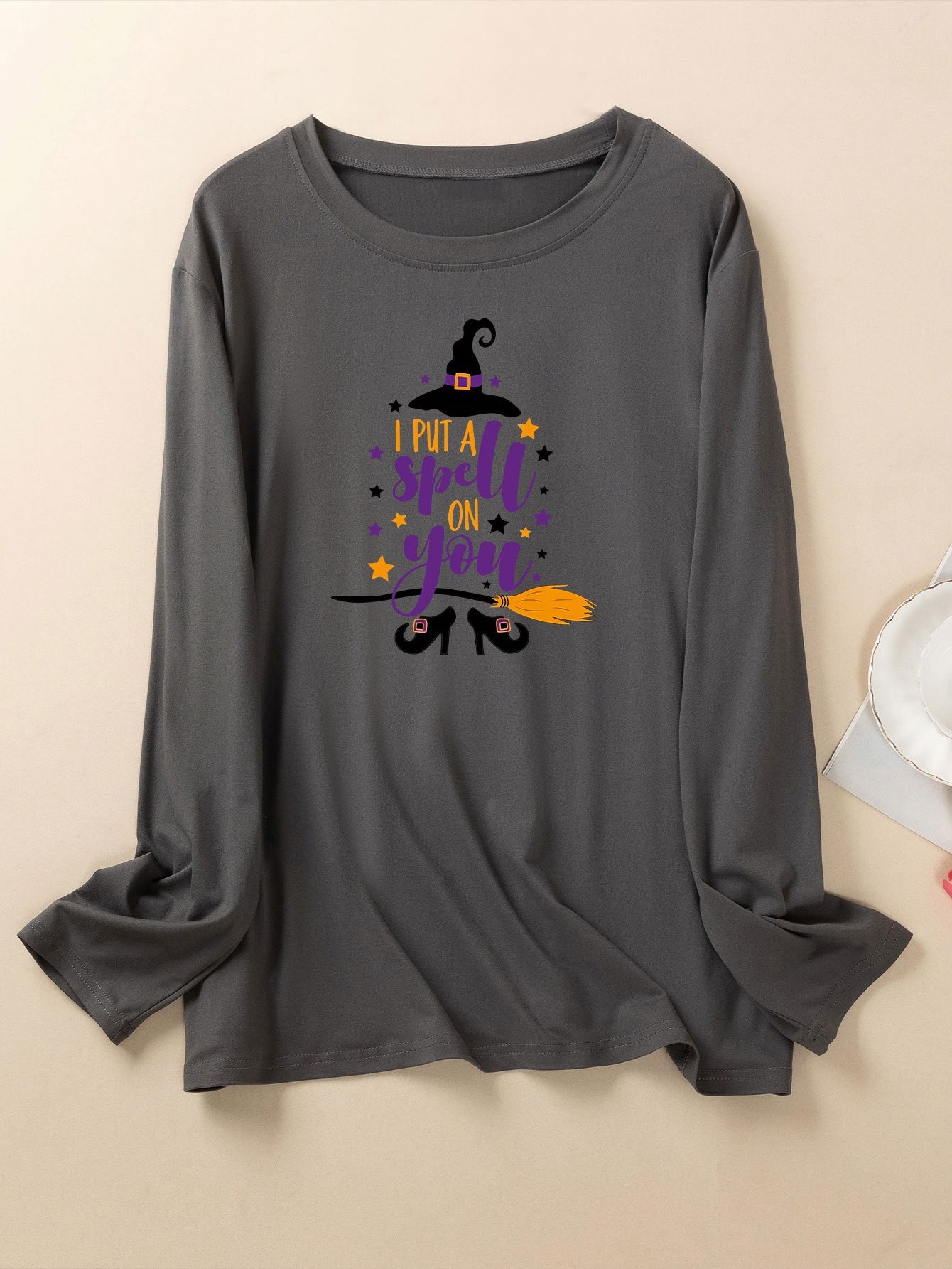 Women's Plus Size Halloween Lounge Witch Hat & Broom Print Long Sleeve Top