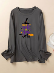 Women's Plus Size Halloween Lounge Witch Hat & Broom Print Long Sleeve Top
