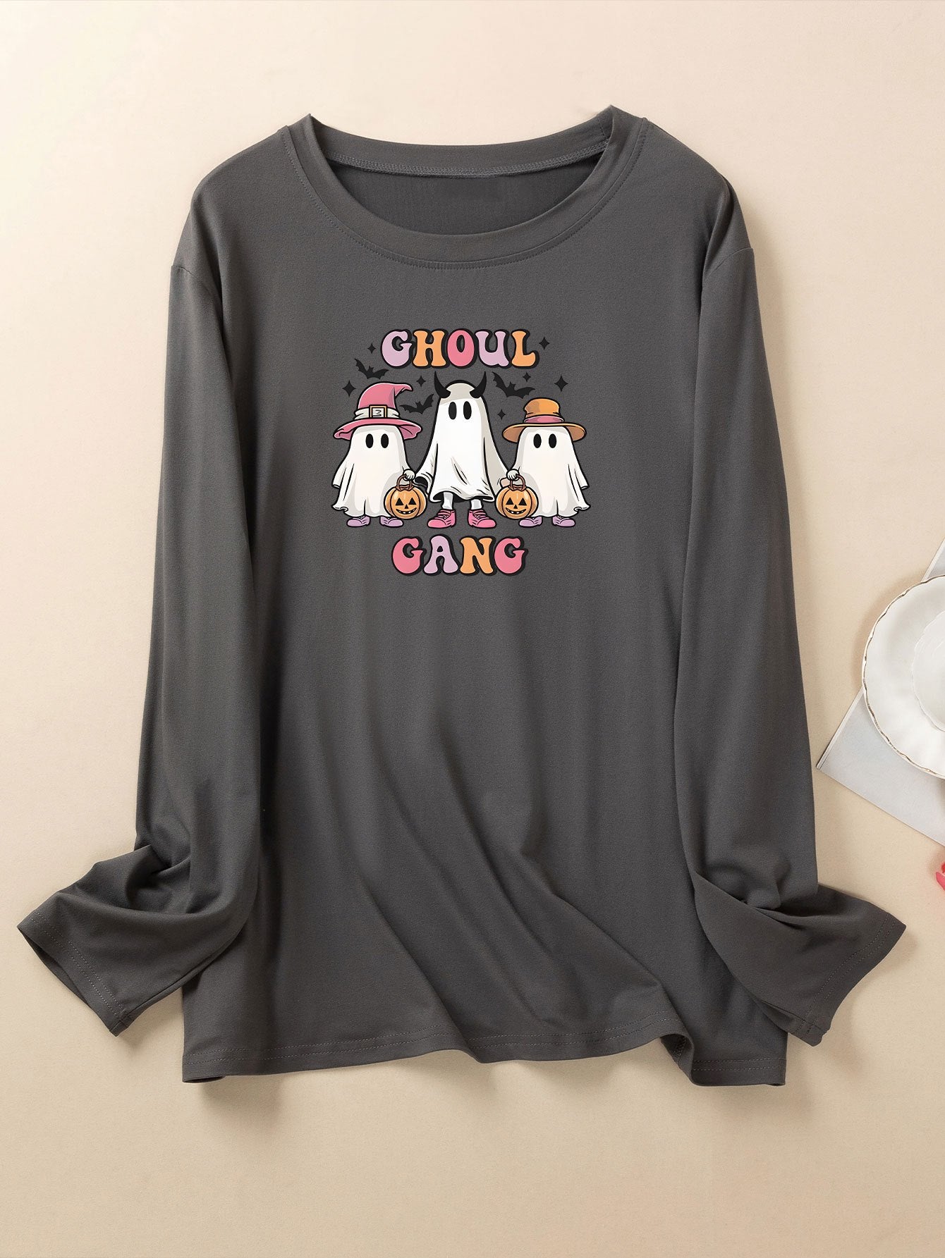 Halloween Lounge Top Womens Plus Ghost & Letter Print Long Sleeve