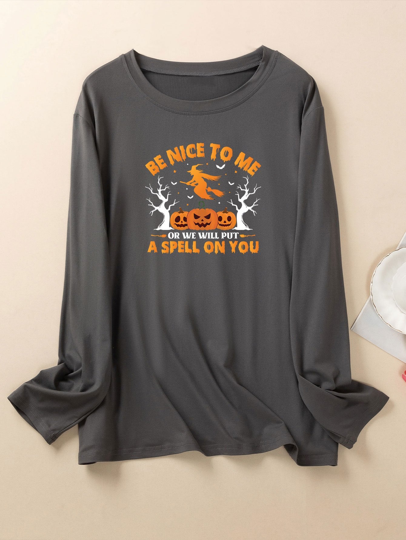Halloween Lounge Top Witch & Pumpkin Print Long Sleeve