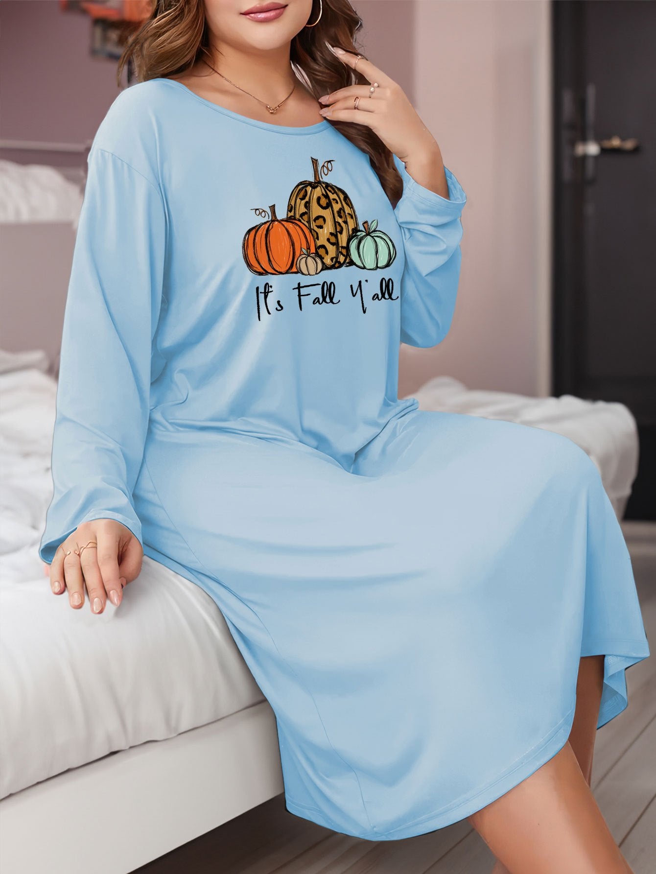 Halloween Lounge Dress Women's Plus Slogan & Pumpkin Print Long Sleeve