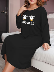 Halloween Ghost Bee & Letter Print Long Sleeve Round Neck T-shirt