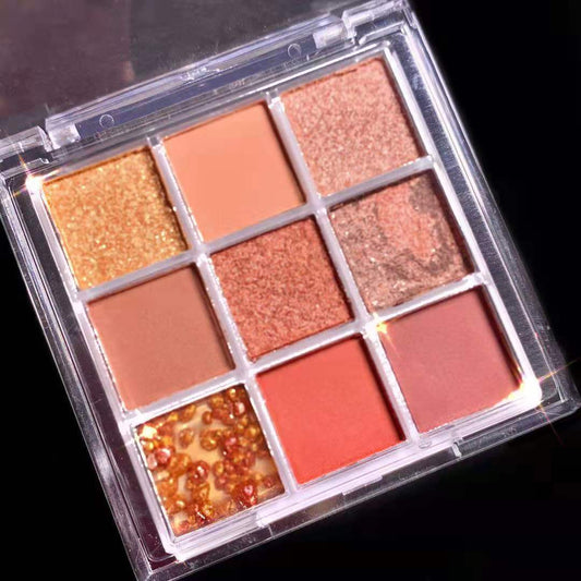 9-Color Eyeshadow Palette Pink Orange Brown Tone Matte Glitter Finish