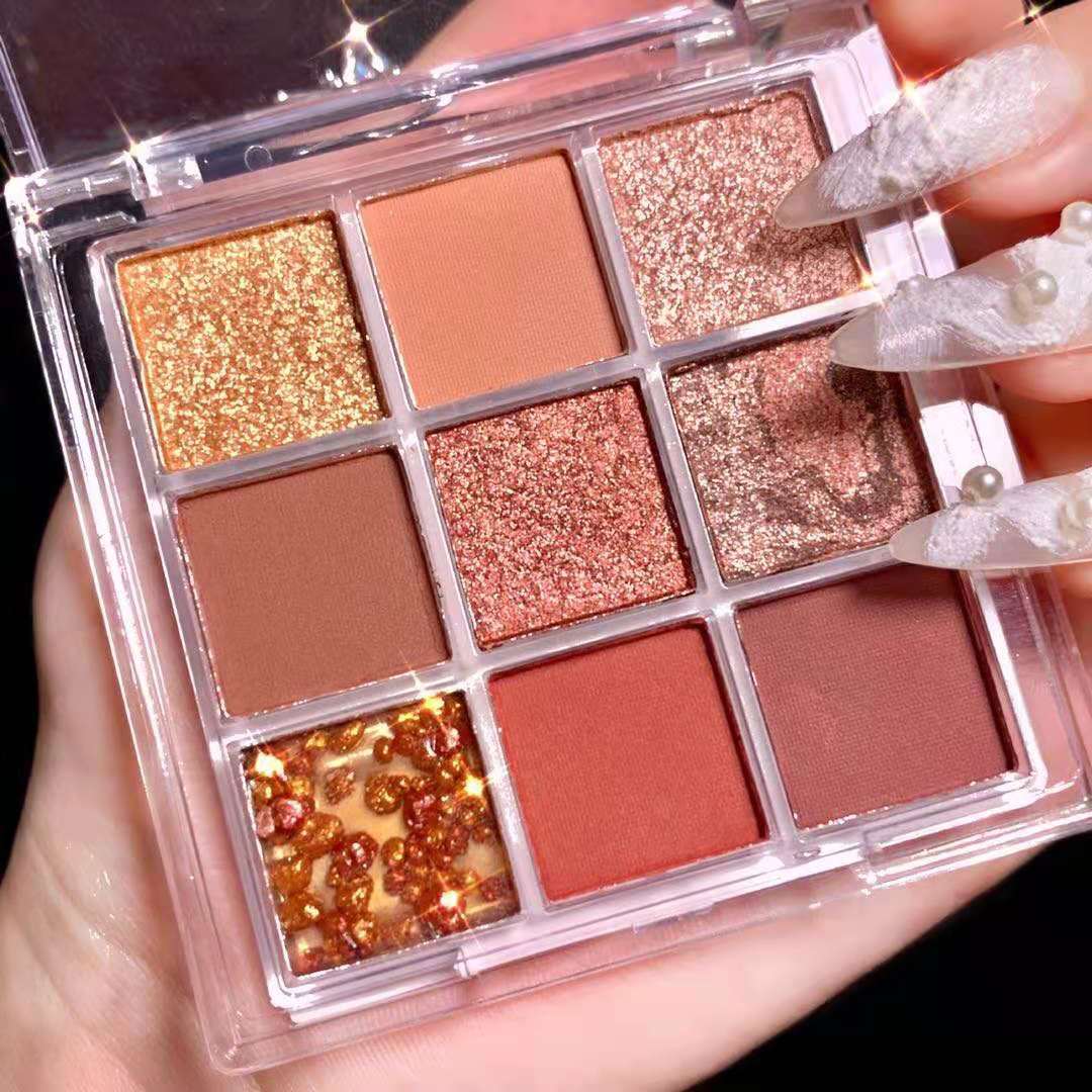 9-Color Eyeshadow Palette Pink Orange Brown Tone Matte Glitter Finish