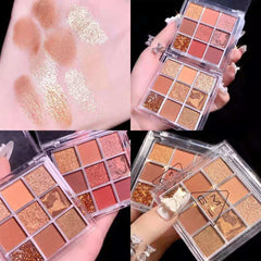 9-Color Eyeshadow Palette Pink Orange Brown Tone Matte Glitter Finish