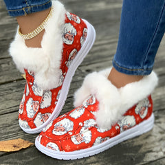 Women's Santa Print Snow Boots Plush Lined High Top Shoe