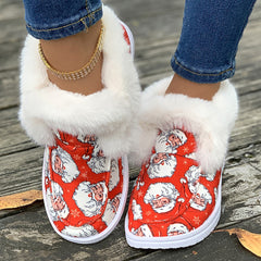 Women's Santa Print Snow Boots Plush Lined High Top Shoe